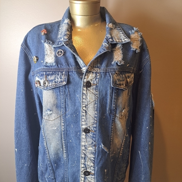 Rolling Paper Upscaled Statement Jean Jacket With Hand Painted Peace Sign Patch - Picture 2 of 8